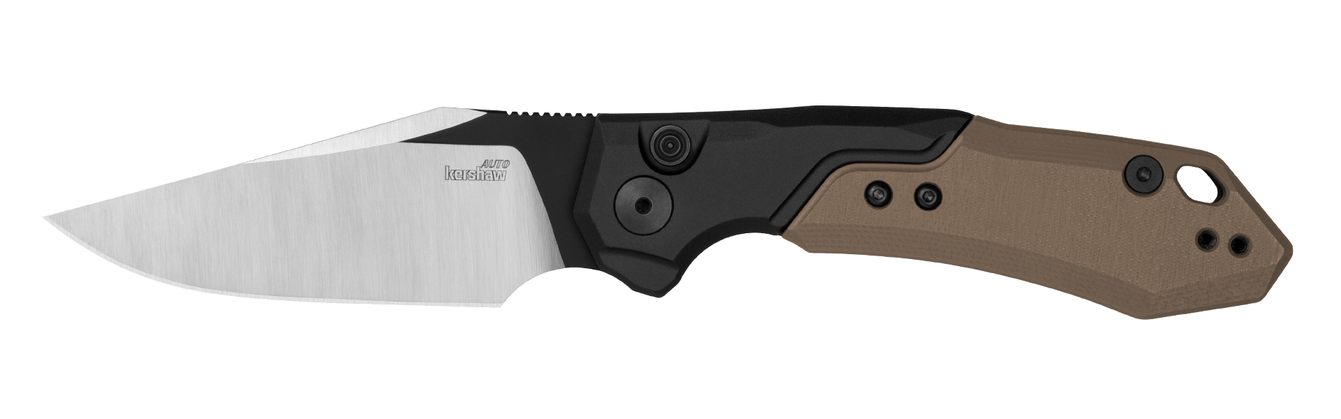 Kershaw AUTO LAUNCH 19 knife featuring black-anodized aluminum handle and CPM 154 blade with satin and black Cerakote finish.