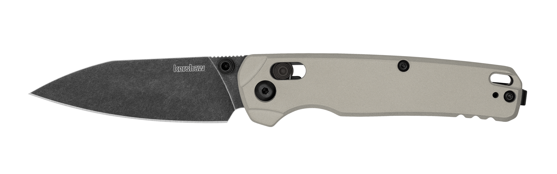 Kershaw BEL AIR folding knife with gray handle and black blade, featuring DuraLock technology and KVT ball bearings.