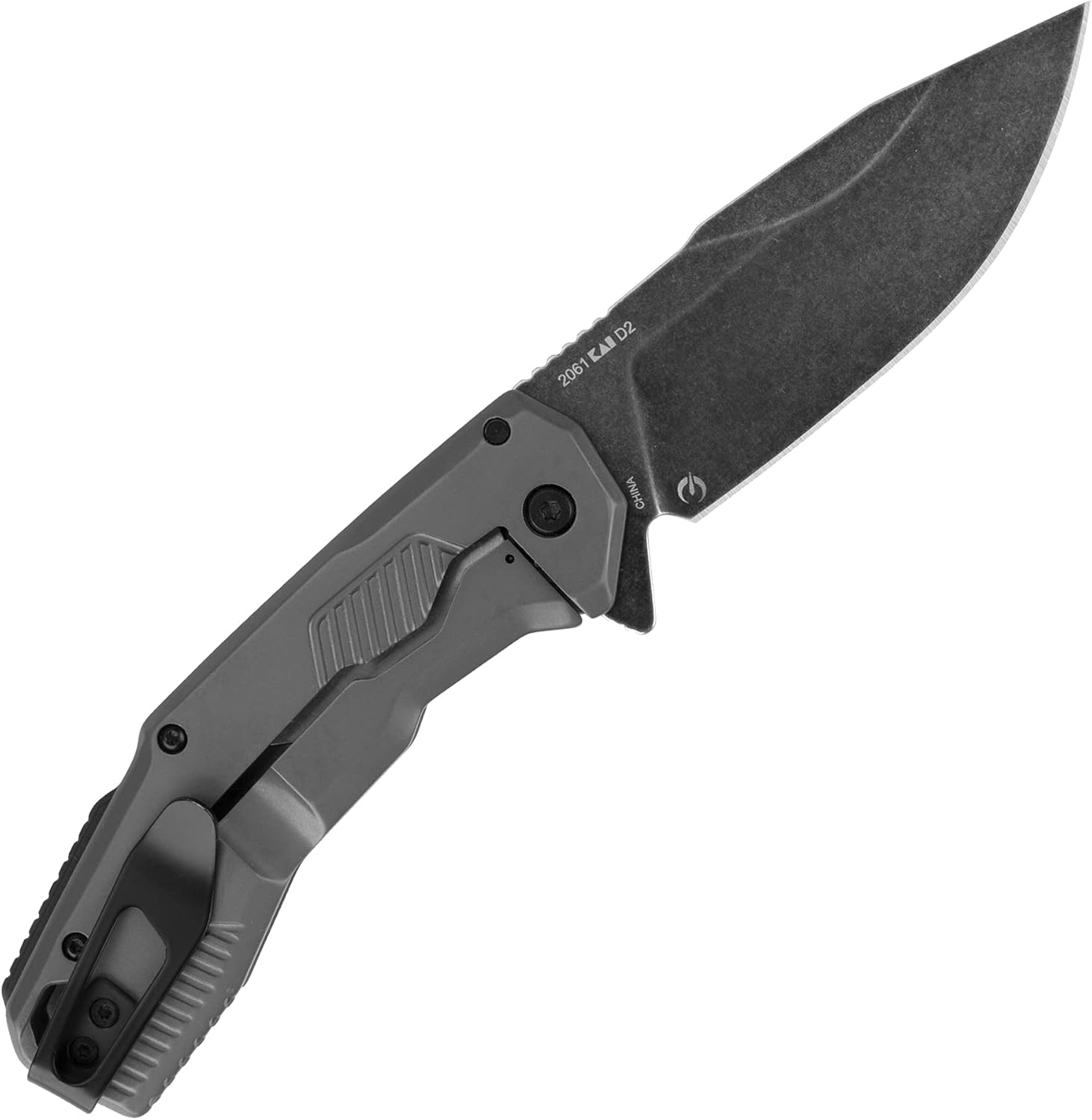 Kershaw Cannonball 2061 blade detail, BlackWash D2 drop point edge with SpeedSafe flipper tab and spine jimping