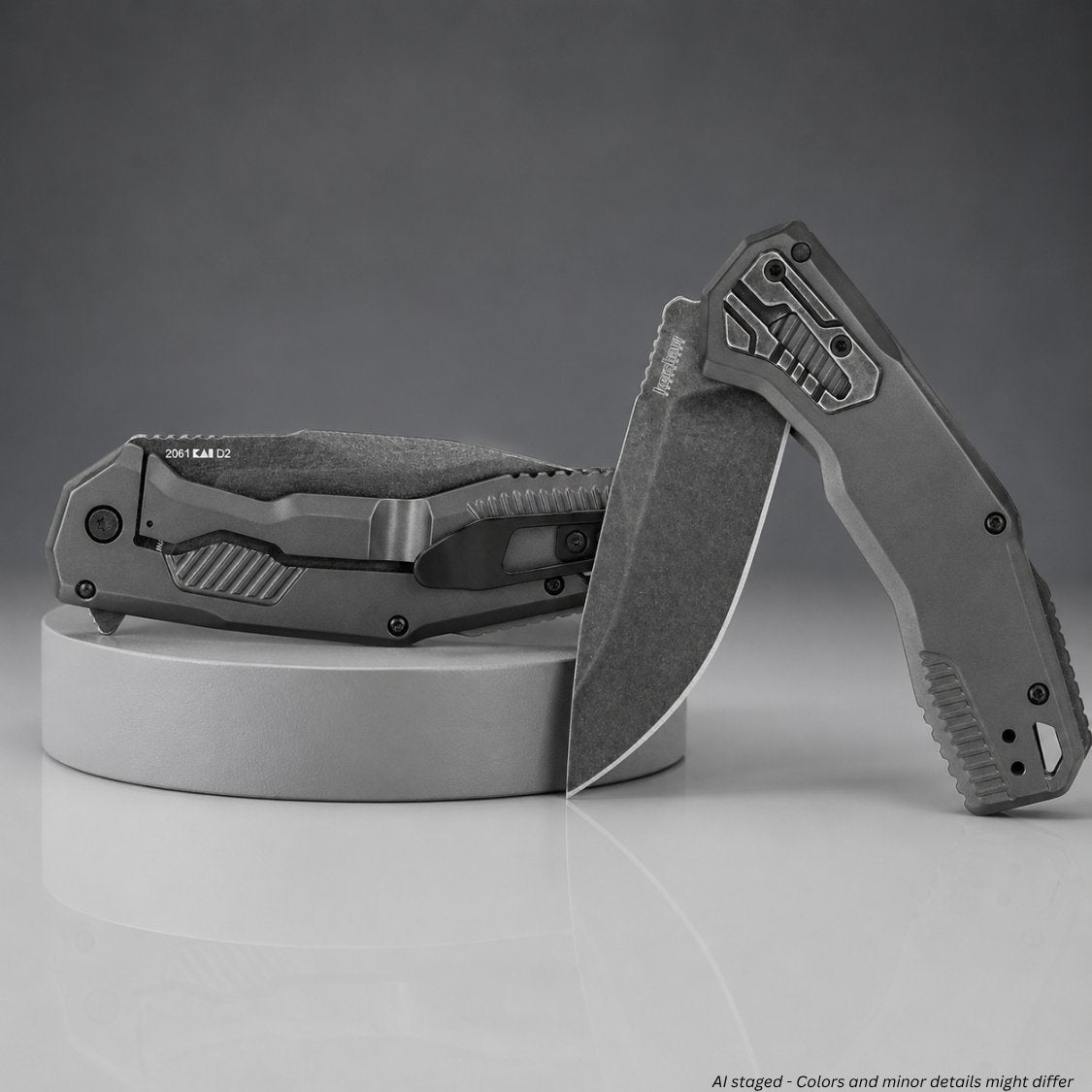 Kershaw Cannonball 2061 folding knife open, BlackWash D2 drop point blade and gray PVD stainless handle profile view