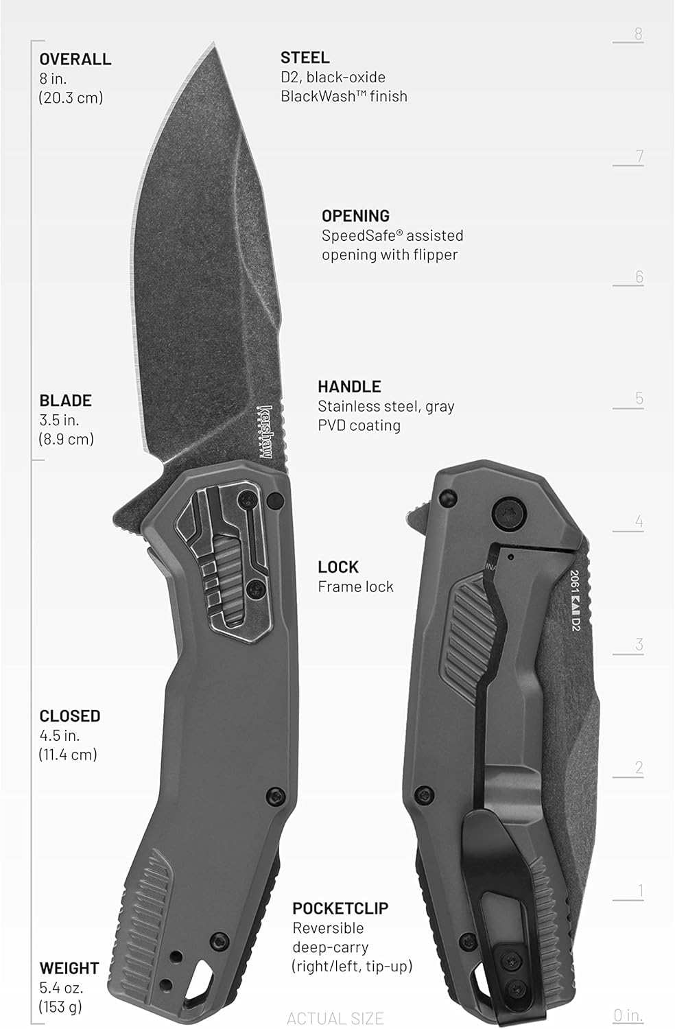 Kershaw Cannonball 2061 folding knife open in hand, showing SpeedSafe flipper deployment grip and D2 BlackWash blade