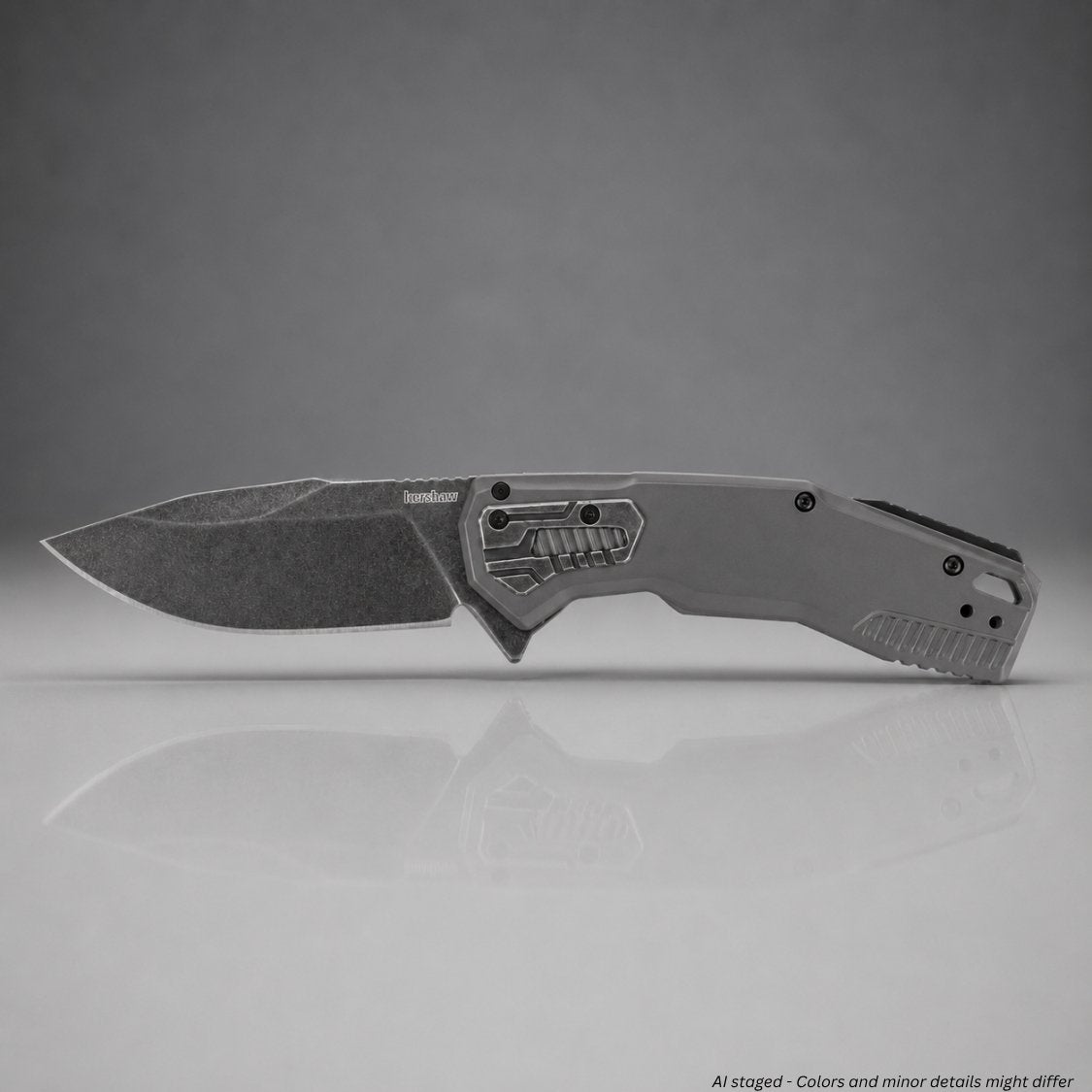 Kershaw Cannonball 2061 folding knife open, rear view showing spine jimping and gray PVD handle back