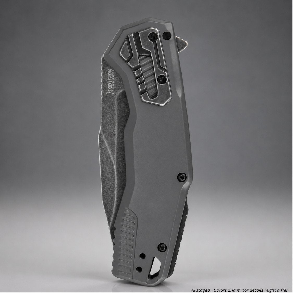 Kershaw Cannonball 2061 folding knife closed, front view showing gray PVD stainless handle and deep-carry pocket clip