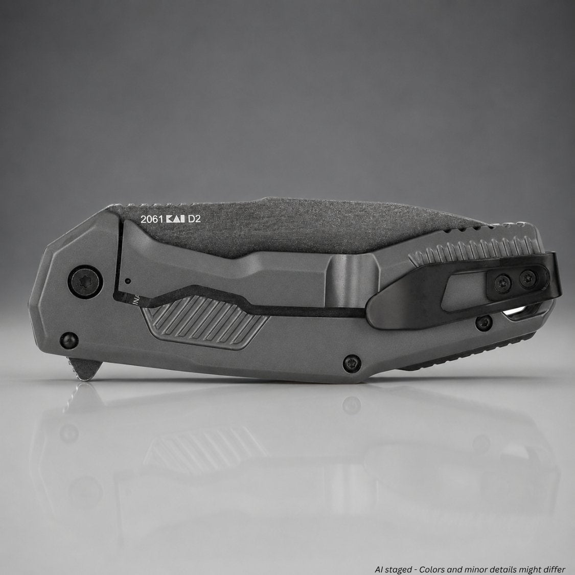 Kershaw Cannonball 2061 folding knife closed, rear view showing reversible deep-carry pocket clip and gray PVD handle