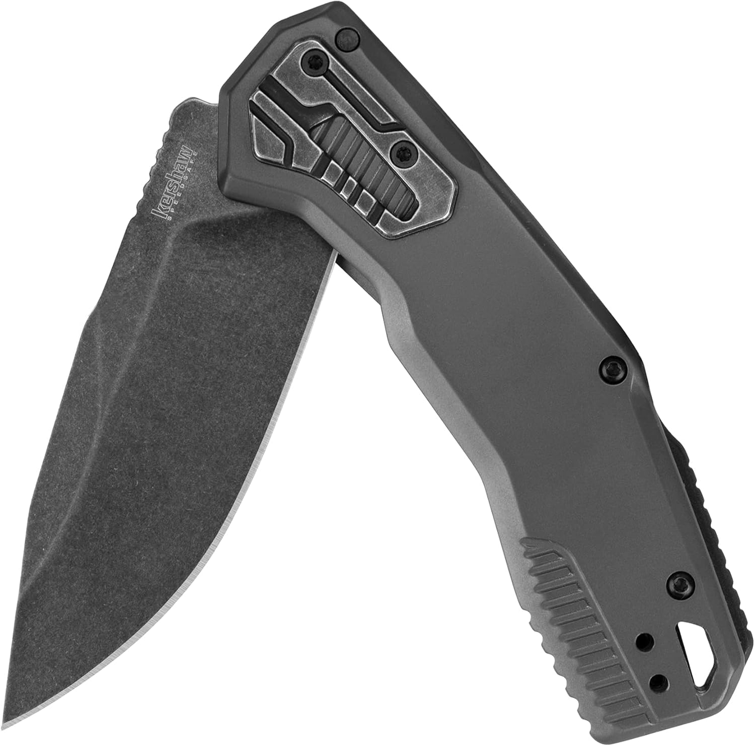 Kershaw Cannonball 2061 handle detail, gray PVD stainless steel frame lock and reversible deep-carry pocket clip