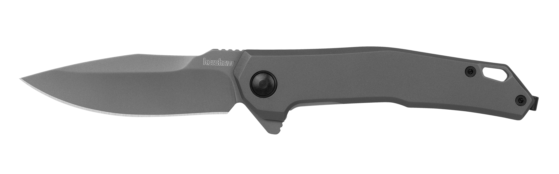 Kershaw HELITACK folding knife with gray PVD finish, featuring assisted opening and secure frame lock design.