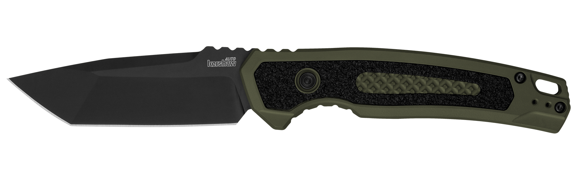 Kershaw LAUNCH 16 automatic knife with olive Cerakote handle and black tanto blade, designed for durability and cutting performance.