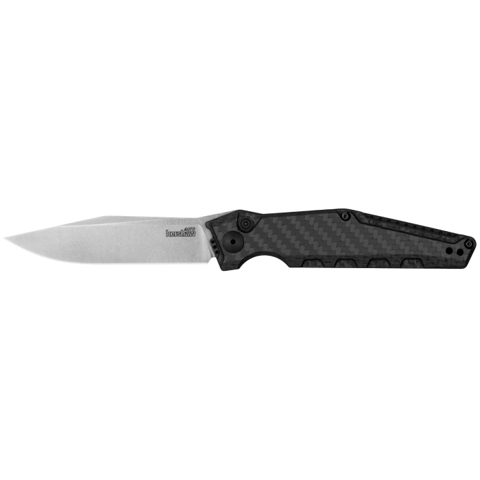 Kershaw LAUNCH 7 knife featuring carbon fiber handle and MagnaCut steel blade, showcasing modern design and functionality.