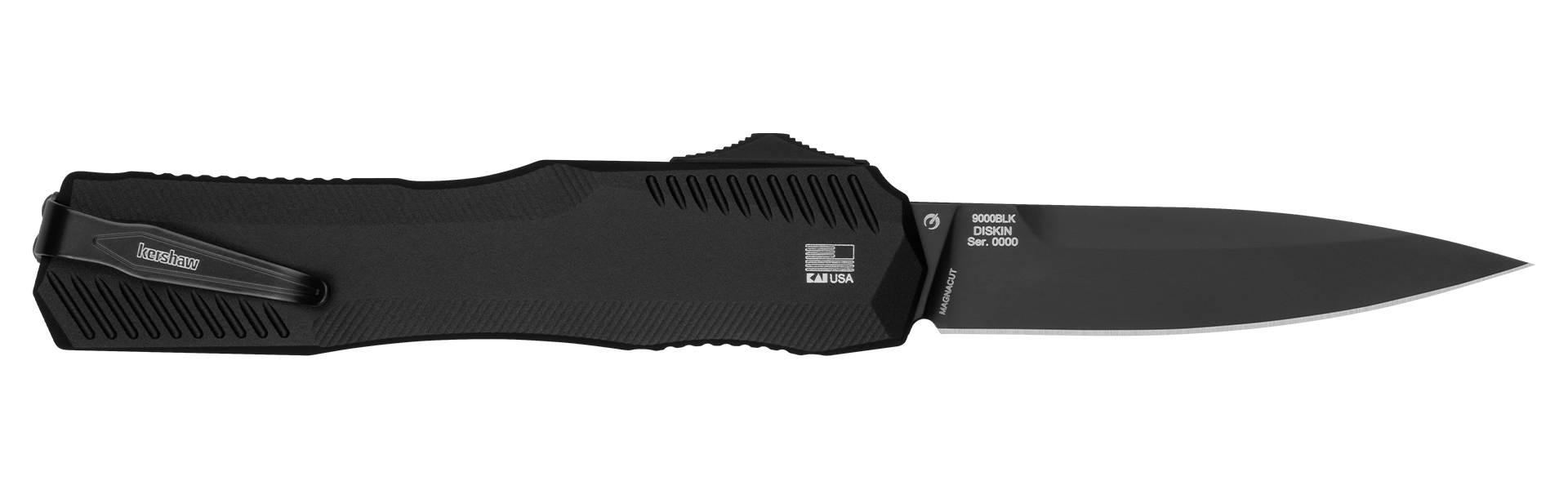 Kershaw Livewire knife with black aluminum handle and PVD-coated blade, designed by Matt Diskin for durability and style.