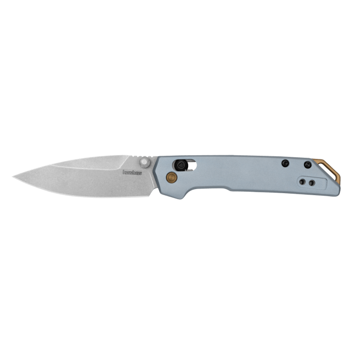 Kershaw Mini Iridium knife featuring a D2 spear point blade and ice blue handle with gold accents for everyday carry.