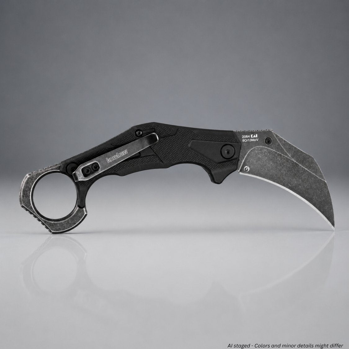 Kershaw Outlier 2064 karambit folding knife open side view, BlackWash hawkbill blade with gray glass-filled nylon handle and steel ring