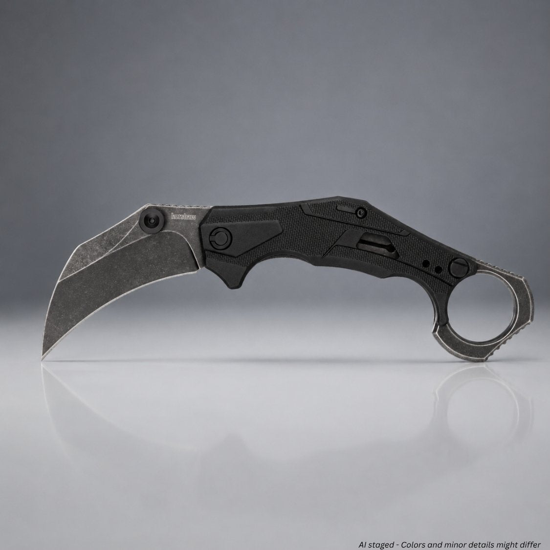 Kershaw Outlier 2064 karambit folding knife open, opposite side showing liner lock bar and flipper tab with BlackWash finish