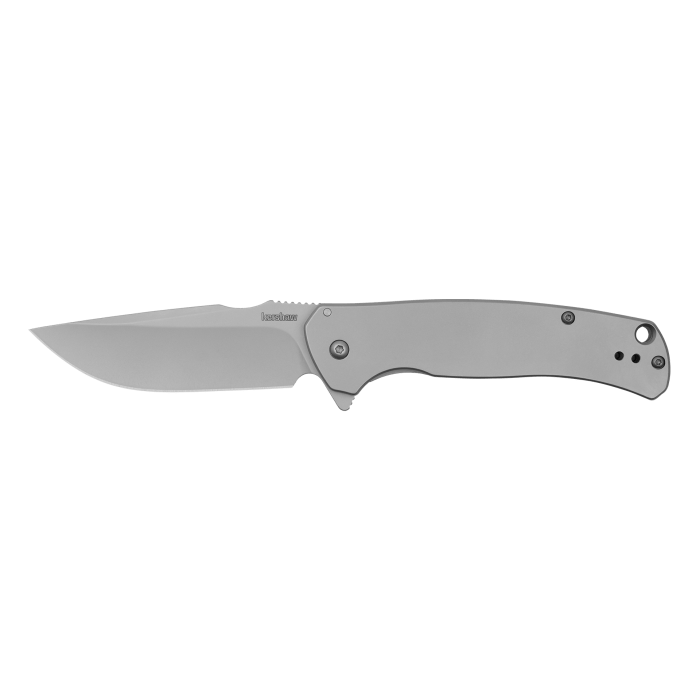 Kershaw SCOUR knife with stainless steel handle and drop point blade, ideal for everyday carry and cutting tasks.