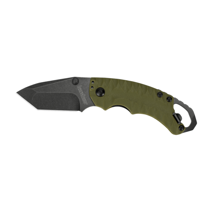 Kershaw Shuffle II knife with olive handle and BlackWash tanto blade, showcasing rugged design and multifunctional features.