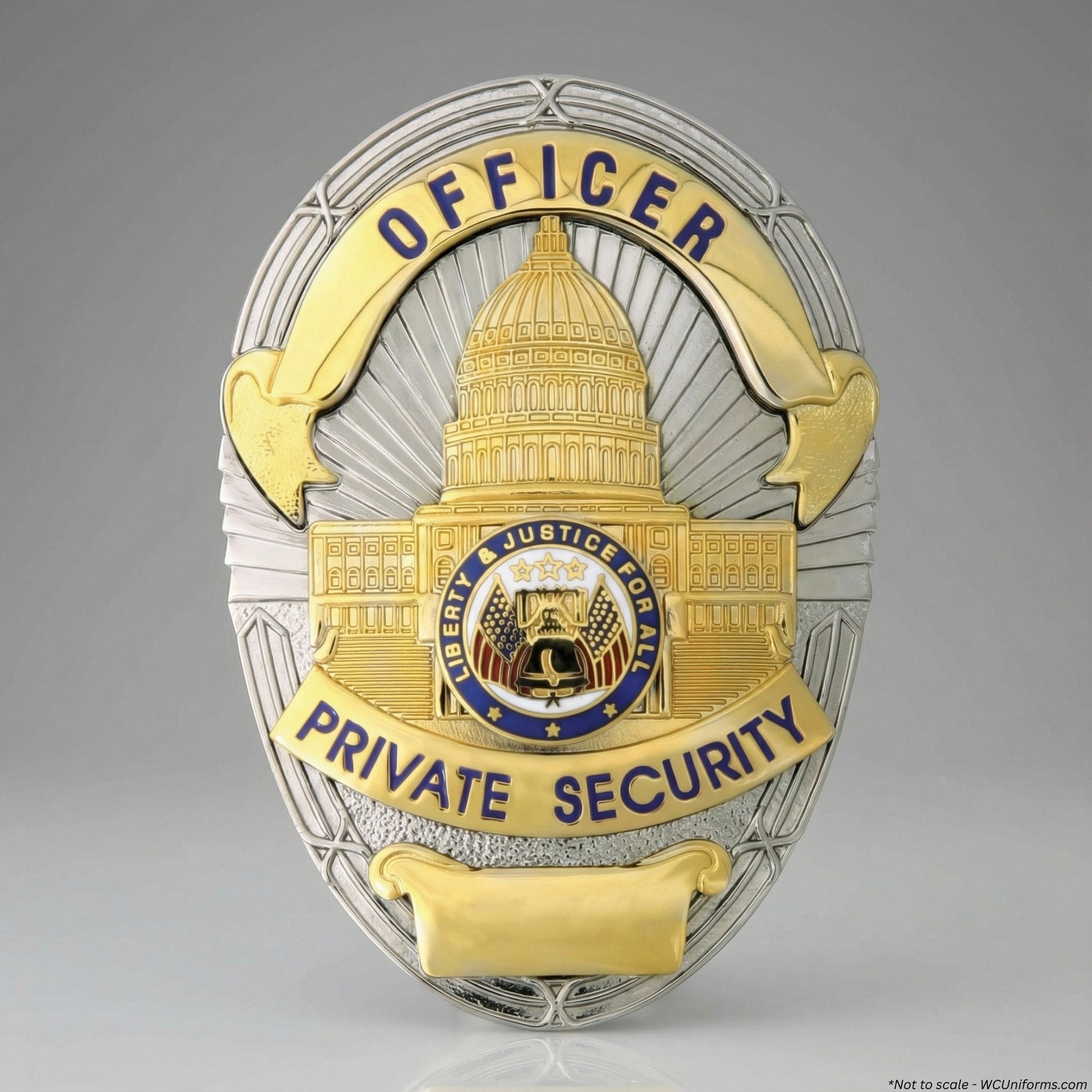 Private security officer badge with a detailed design on a gray background