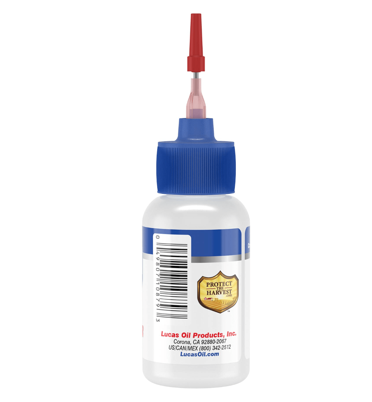 Lucas Oil applicator bottle 10879, angled back view with barcode and Protect the Harvest logo