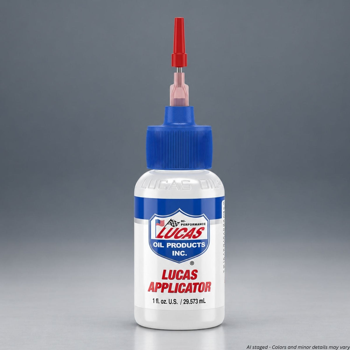 Lucas Oil 1 oz applicator bottle 10879, blue cap and precision needle tip, front view