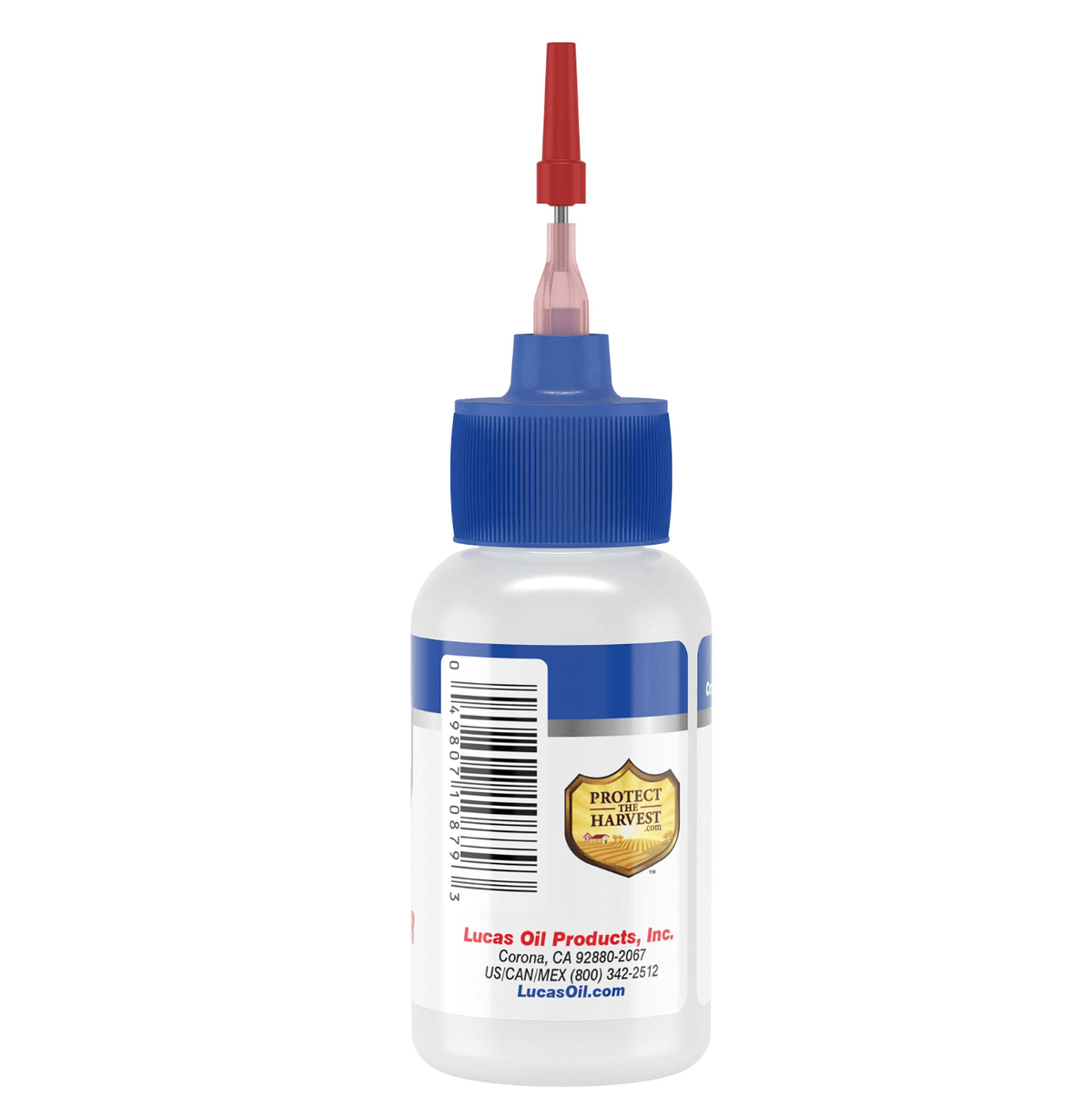 Lucas Oil 1 oz applicator bottle 10879, back label with UPC barcode and company info