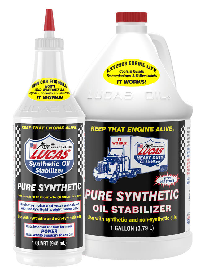 Two bottles of Lucas Synthetic Oil Stabilizer on a white background
