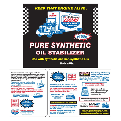 Lucas Oil Heavy Duty Pure Synthetic Oil Stabilizer packaging with text and graphics on a white background.