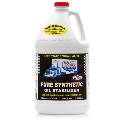 Gallon container of Lucas Oil Pure Synthetic Oil Stabilizer on a white background