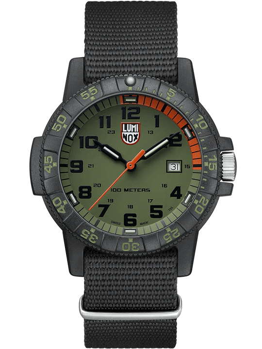 Black and green Luminox Leatherback Sea Turtle Giant Outdoor Watch 0337 with CARBONOX case, NATO webbing strap