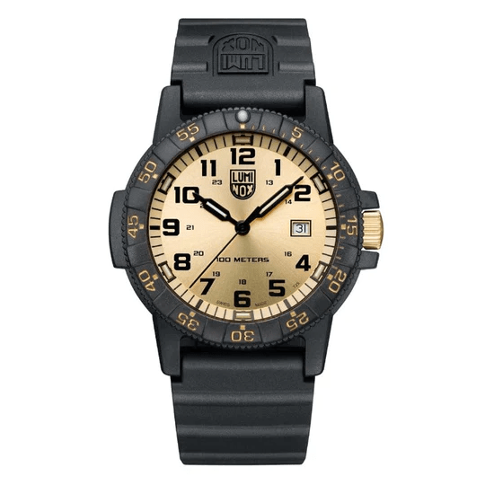 Black and gold watch with a white background