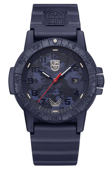 Luminox Volition Leatherback Sea Turtle Giant Watch with blue camouflage dial and red second-hand on a navy strap.