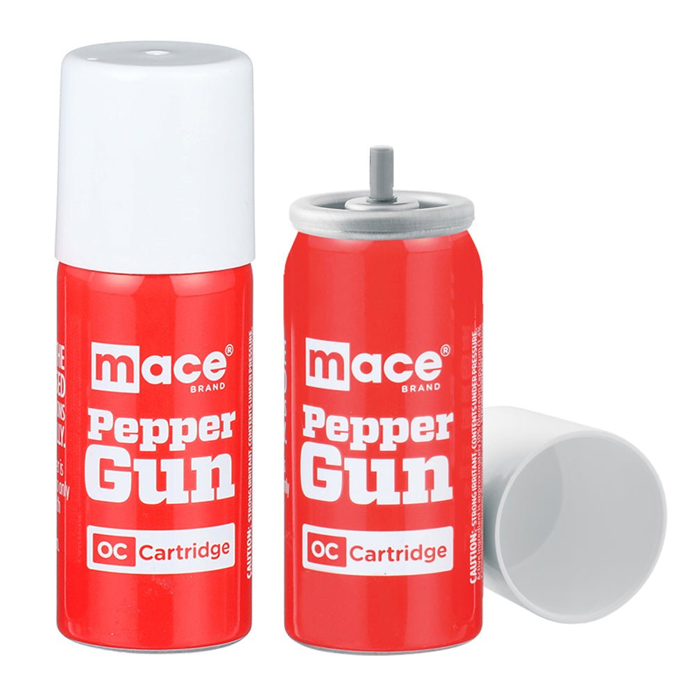 Two canisters of MACE Pepper Gun OC Refills, one standing upright and the other lying down, with the brand and product name visible on the labels.