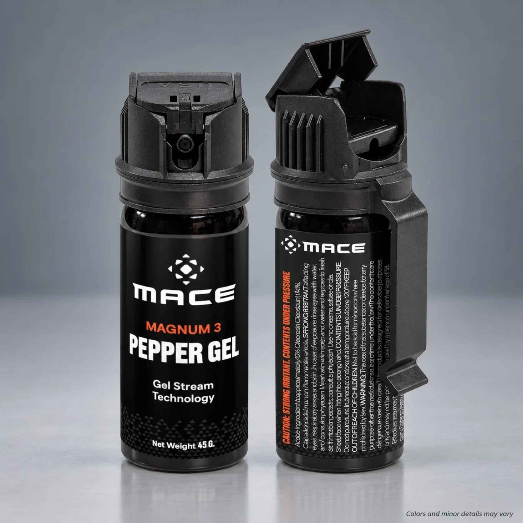 MACE Magnum 3 Pepper Gel 80535 45 g canister, front label and back view with built-in belt clip