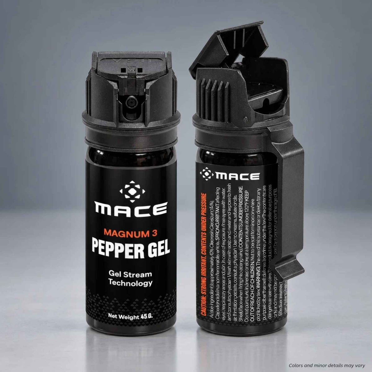 MACE Magnum 3 Pepper Gel 80535 45 g canister, front label and back view with built-in belt clip