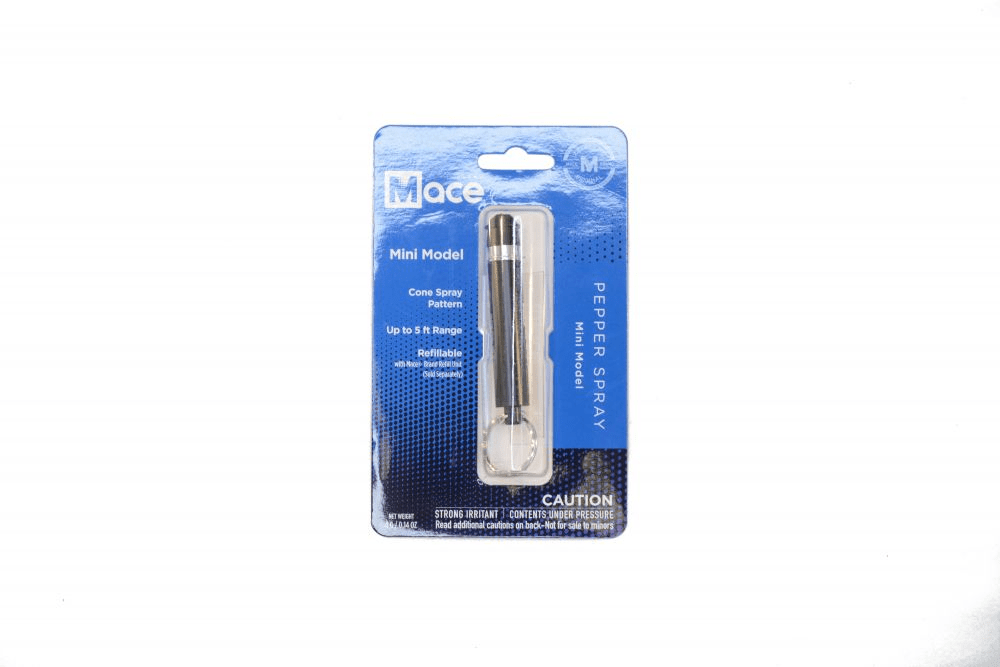 MACE Mini Model Pepper Spray in packaging, offering maximum strength defense in a compact design for personal safety.