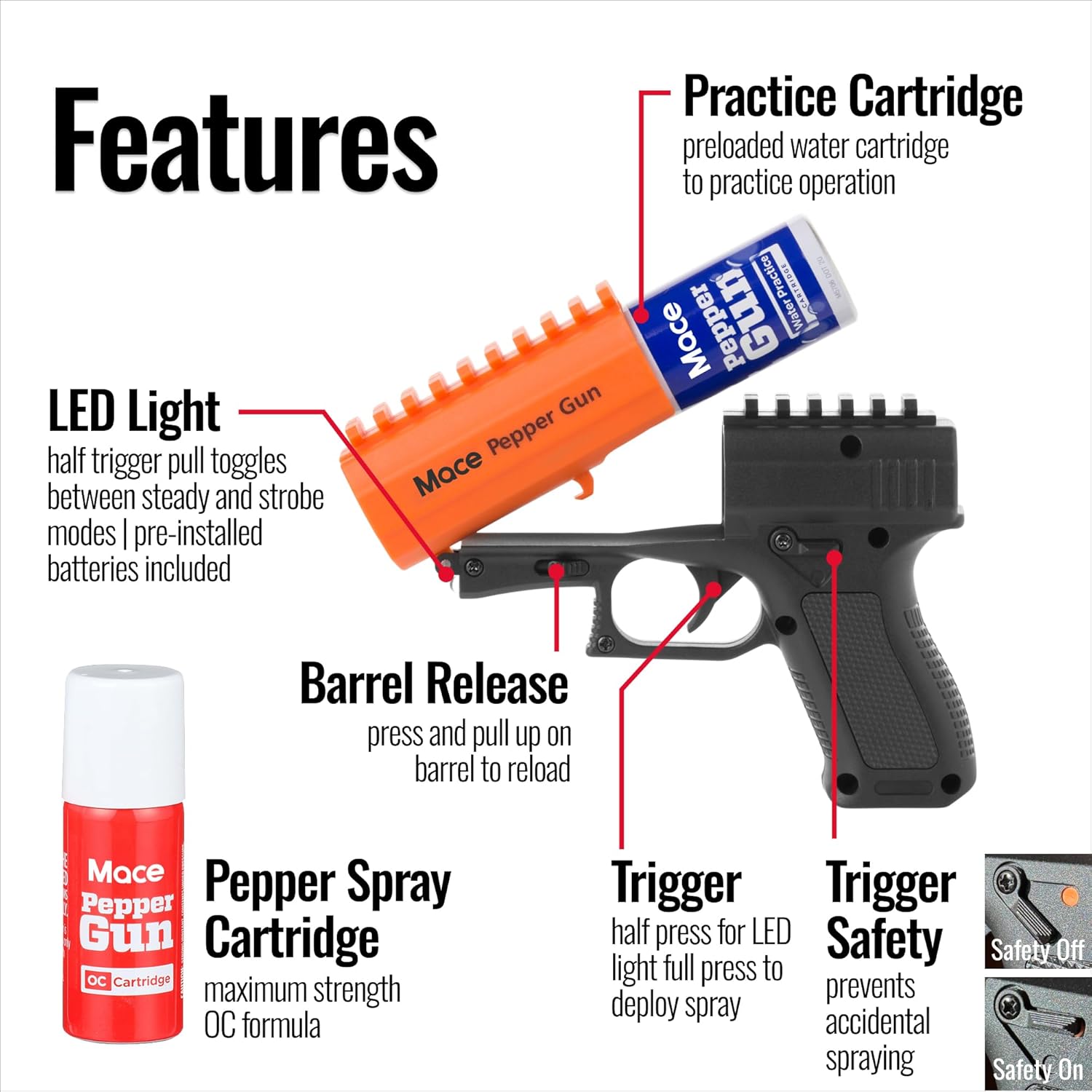 MACE Pepper Gun 2.0 10% OC Spray 80586 - Long-Range, LED Light - WCUniforms