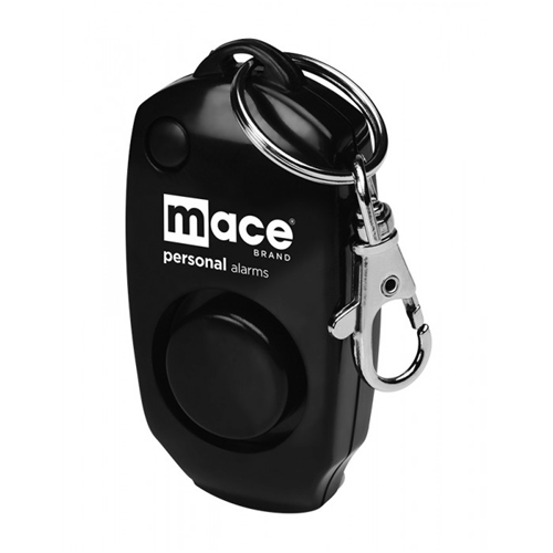 MACE Personal Alarm Keychain in black, featuring a key ring and loud 130dB alarm for personal safety and self-defense.