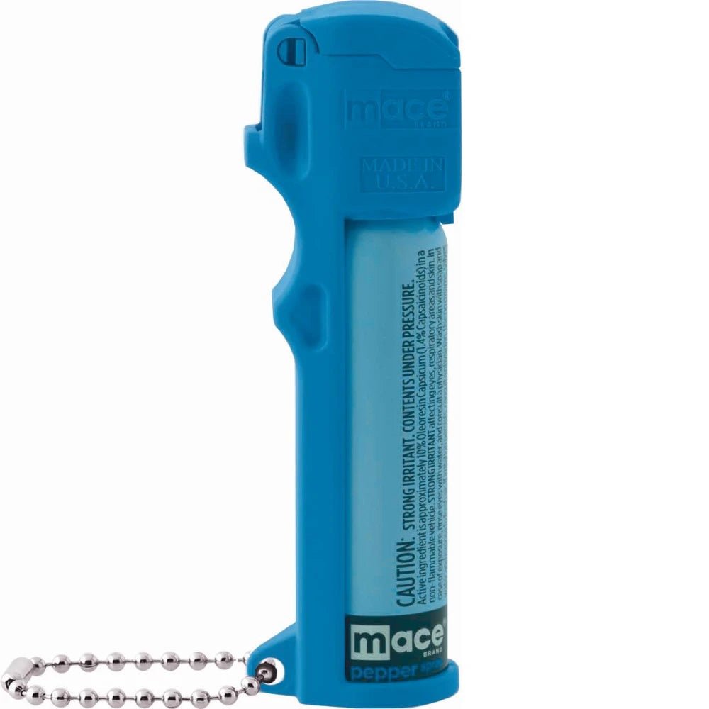 MACE Personal Pepper Spray in blue, featuring easy-to-use safety controls for effective self-defense.