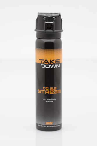 MACE TakeDown MK-IV OC pepper spray canister featuring 5.5% pepper content and ballistic stream for self-defense.