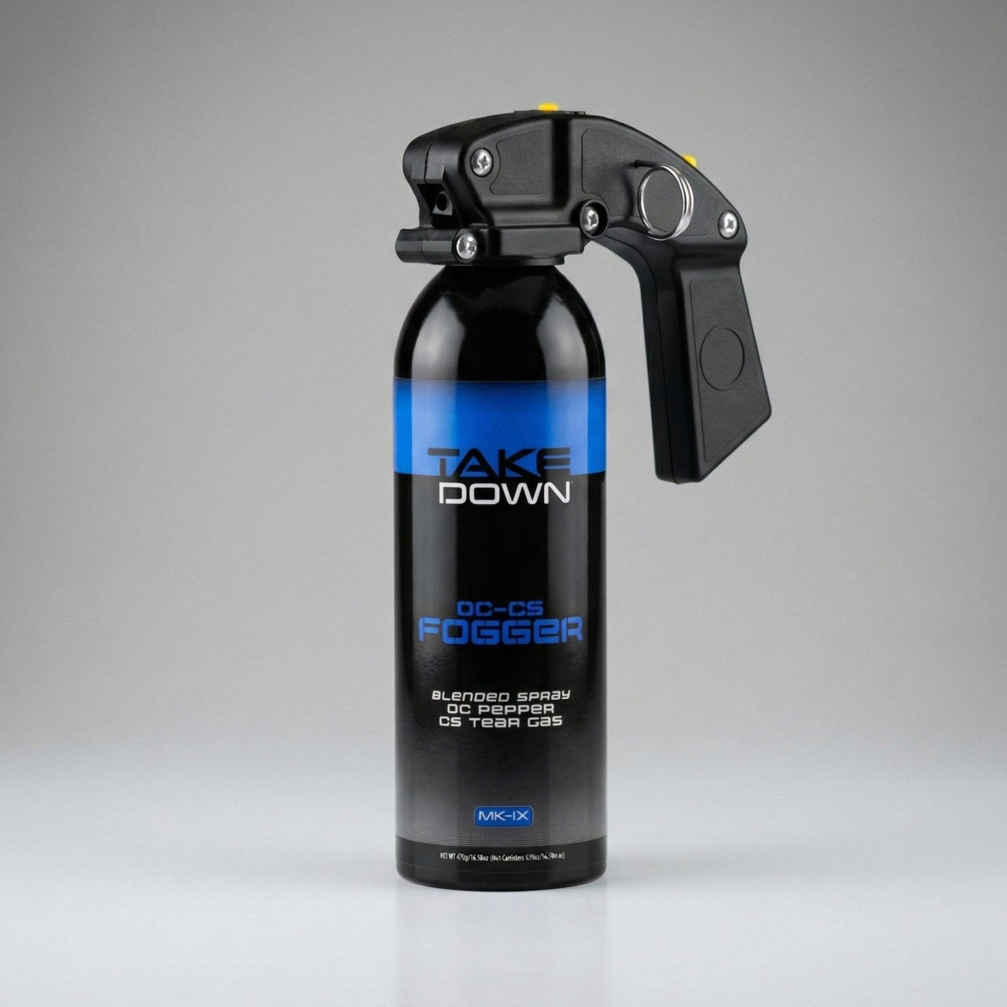 Black fogger canister with blue label on a gray background