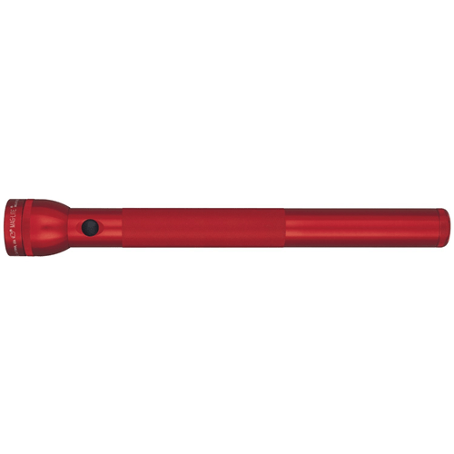 Red Maglite MAG-LITE flashlight with durable aluminum housing and knurled design, featuring a self-cleaning switch.