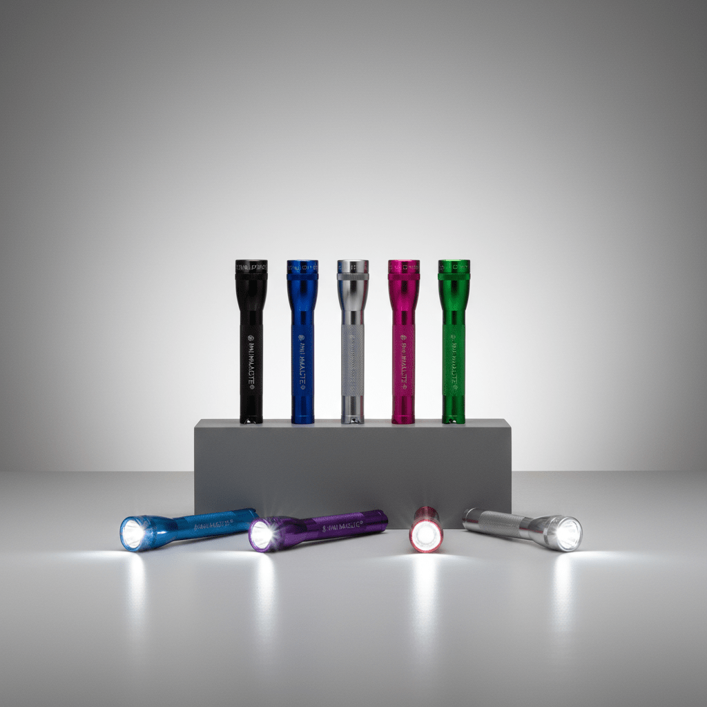 Set of colorful flashlights on a gray stand with a gray background