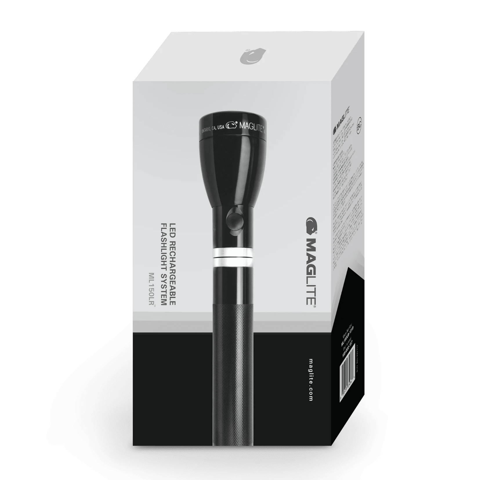 Maglite LED Rechargeable Flashlight System retail box in white and black with flashlight artwork