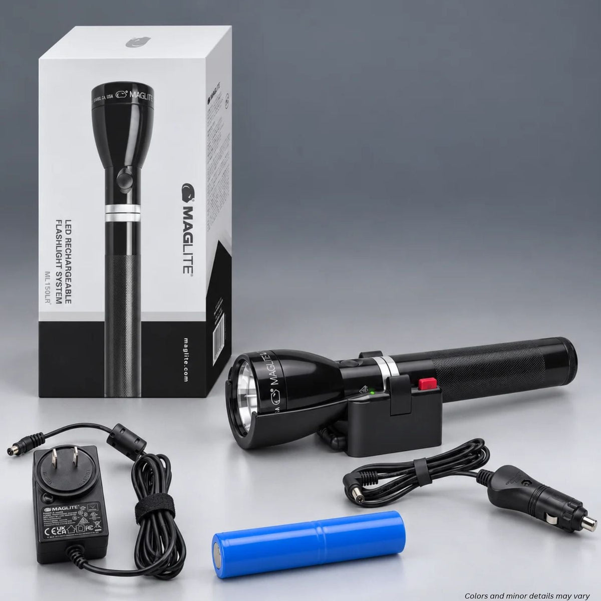 Maglite LED rechargeable flashlight system with cradle, 120V AC power supply, 12V DC car charger, battery, and box