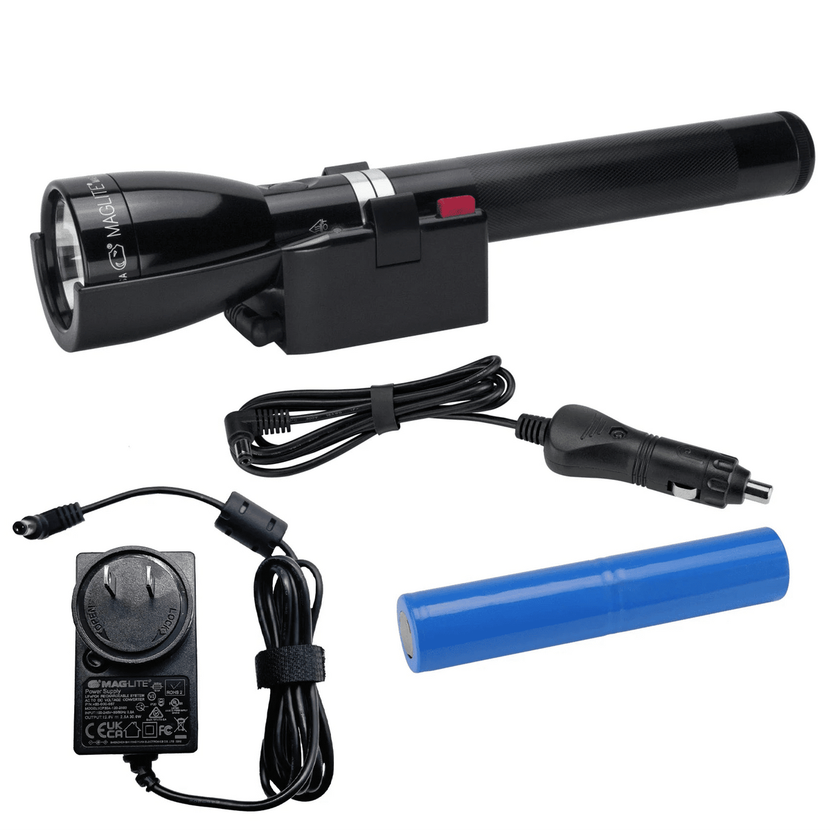 Black Maglite LED flashlight docked in its charging cradle with car charger, AC power supply, and blue battery