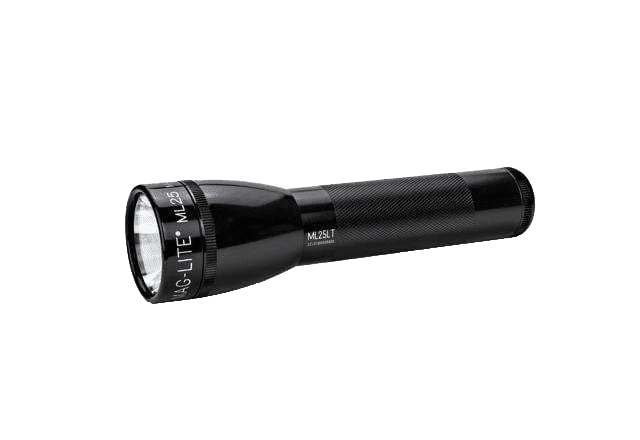 Maglite ML25LT 2 C-Cell LED flashlight with sleek design, emitting 192 lumens, water-resistant and drop-resistant.