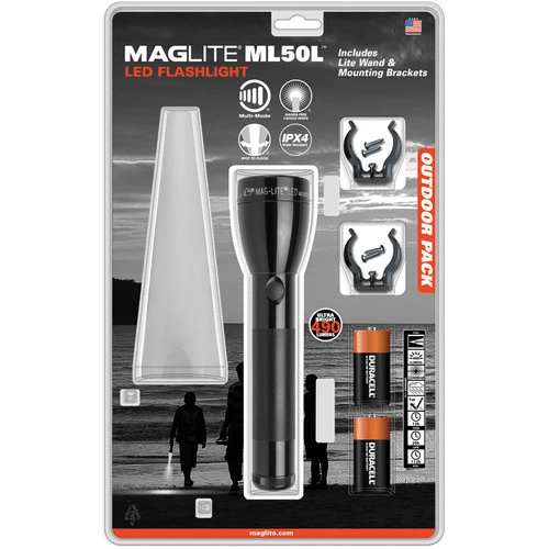 Maglite ML50L LED flashlight adventure pack with multi-mode features, including batteries and mounting brackets for outdoor use.
