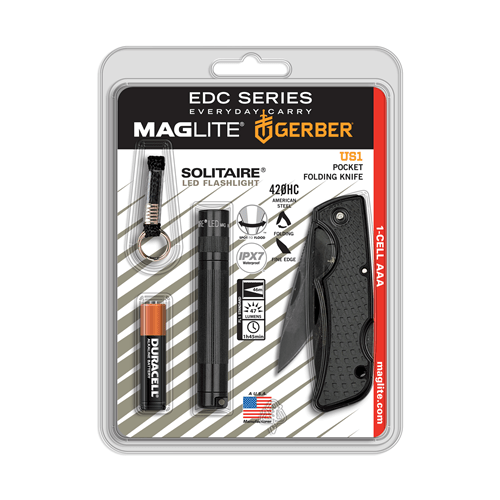 Maglite Solitaire LED flashlight with AAA battery and Gerber US1 pocket folding knife, compact EDC gear in a package.