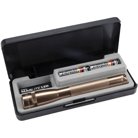 Maglite SP22 Mini Maglite 2 AA-Cell LED Flashlight with batteries in protective case, showcasing a durable aluminum design.