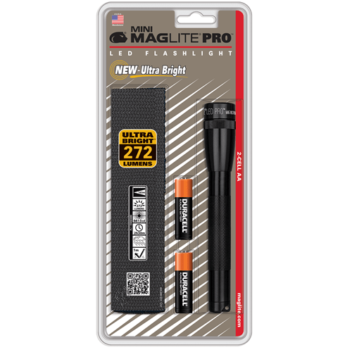 Mini Maglite Pro 2 AA-Cell LED flashlight with holster, featuring 272 lumens, durable design, and included Duracell batteries.