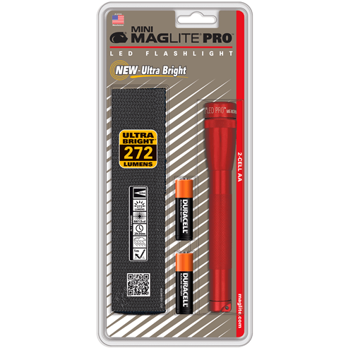 Mini Maglite Pro LED flashlight with 272 lumens, batteries, and holster, showcasing its bright red design and durability.