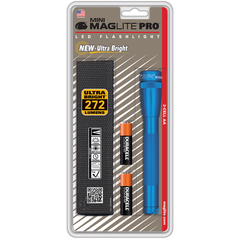Mini Maglite Pro 2 AA LED flashlight with holster and batteries, featuring 272 lumens of ultra-bright light.