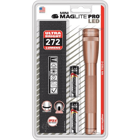 Maglite SP2P Mini Maglite Pro 2 AA-Cell LED Flashlight with holster, 272 lumens, water-resistant, compact design.